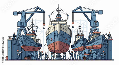 Ships in dry dock being repaired by workers with cranes above