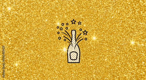 Outline of a sparkling wine bottle with cork popping and stars on a golden glitter background