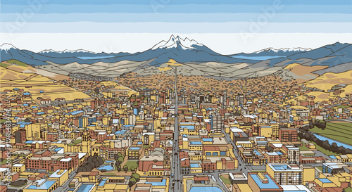 Panoramic view of a sprawling city nestled against a backdrop of majestic, snow-capped mountains