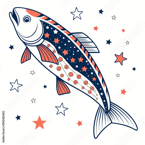 Patriotic Fish, Star Spangled Vector, American Icon, Red White Blue Illustration