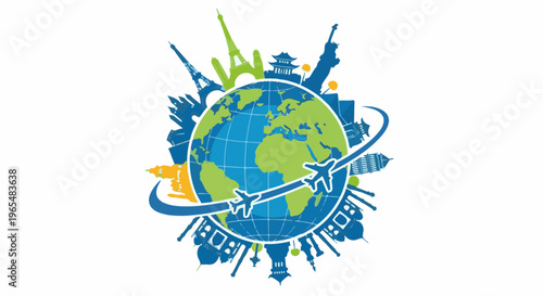 Globe surrounded by famous landmarks and airplanes flying around it