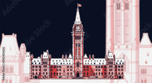 Stylized illustration of grand Gothic-style government buildings