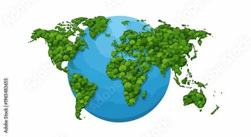 Globe with continents made of vibrant green trees on a blue background