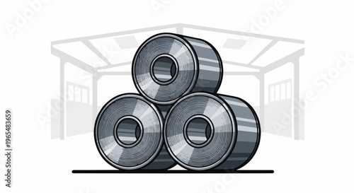 Stack of three metallic rolls in an industrial building