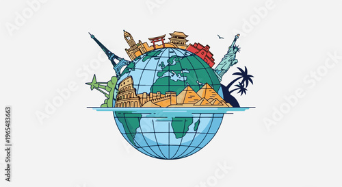 Globe with iconic landmarks and nature, representing global travel and exploration