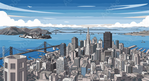 Pixelated bay city skyline with island, bridges, and ocean