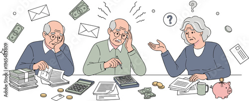 Elderly Couple Feeling Financial Stress with Paperwork, Money, and Calculator, Illustrating Retirement Planning and Economic Worries