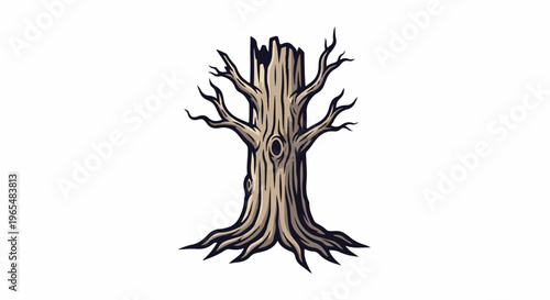 Gnarled, weathered tree stump with sparse, reaching branches