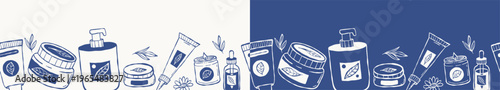 Seamless Border with Night Skincare Natural Organic Cosmetics Set. Blue Indigo Wellness Beauty Products. Isolated hand-drawn Doodle Horizontal Background. Outline Template. Vector illustration
