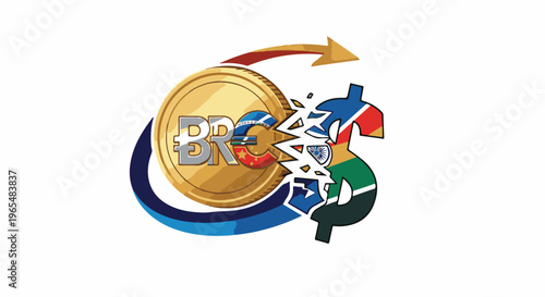 Gold coin with currency symbols breaks into dollar sign with flags