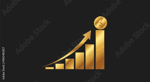 Golden bar chart with ascending arrow and coin on black background