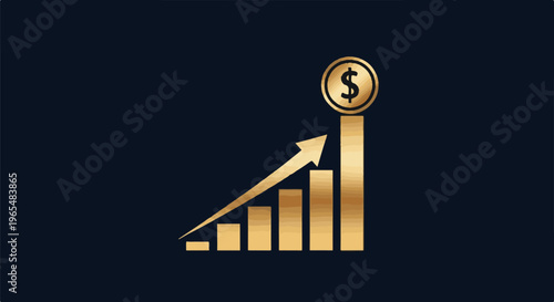 Golden bar chart with upward arrow and coin signifies financial growth