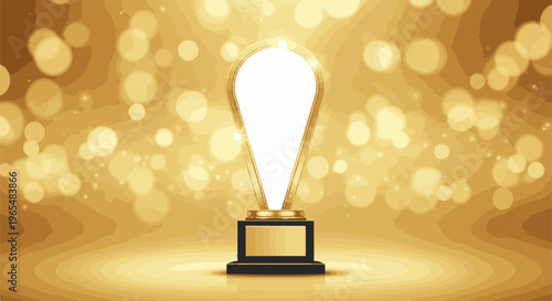 Golden award trophy against sparkling bokeh background