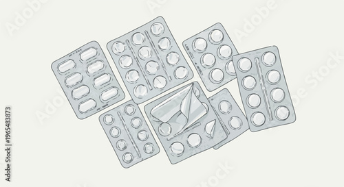 A scattering of gray blister packs containing round pills, some open