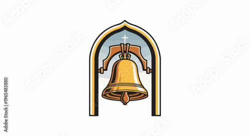 Golden bell with cross and arched frame against sky