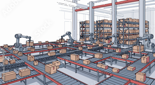 Robotic arms move boxes on a complex conveyor system in a warehouse
