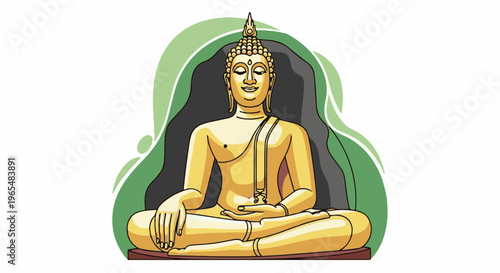 Golden Buddha statue in meditation pose, against a backdrop of abstract green waves