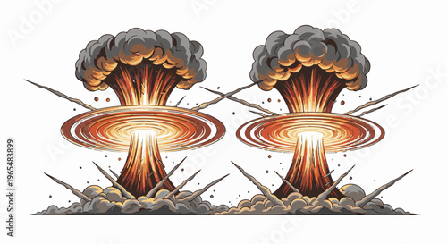 Two colossal mushroom clouds erupting with intense fiery energy and dark smoke