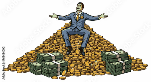 A man in a suit sits on a large pile of coins and money