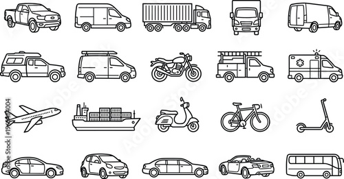 Black and White Line Icons of Land, Air, and Sea Vehicles for Transportation, Logistics, Delivery, Travel, and Mobility Concepts