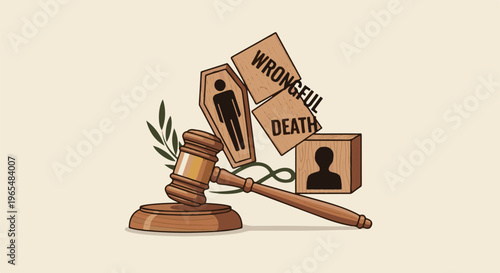 Gavel and coffin with "Wrongful Death" blocks, symbolizing justice