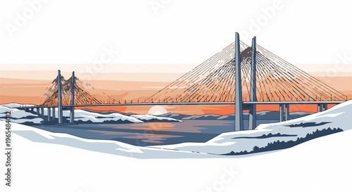A majestic cable-stayed bridge spans a wintery bay at sunset