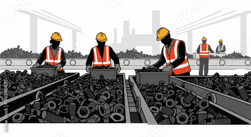 Workers in high-visibility vests sort hardware on a factory conveyor belt