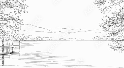 Sketch of a calm lake with a wooden pier and distant hills