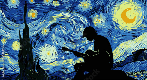Silhouette of a person playing guitar under a starry night sky