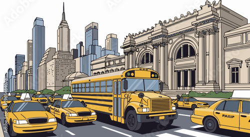 Yellow school bus and taxis in front of a grand building and skyscrapers