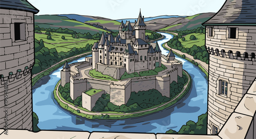 A fantasy castle sits on an island surrounded by a winding river, with towers