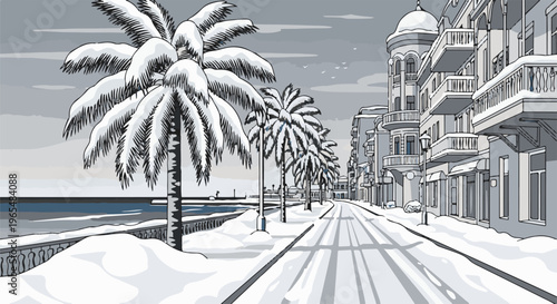 Snow blankets a coastal town with palm trees and ornate buildings