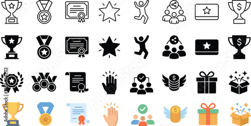 Achievement and Award Icon Set with Trophy Medal Certificate Winner Success Recognition Bonus Gift and Business Reward Symbols in Multiple Styles