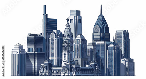 Stylized cityscape illustration of towering modern and classical buildings