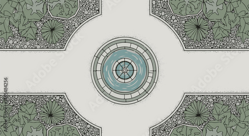 Stylized top-down view of a circular garden fountain and surrounding flora
