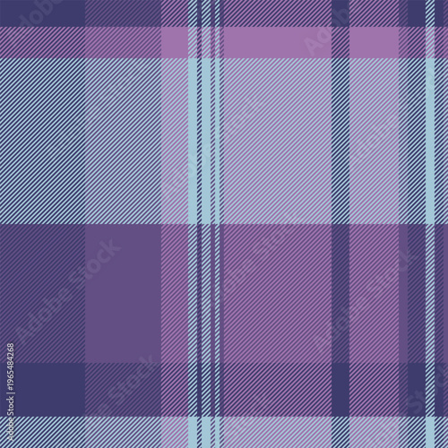 Crease fabric pattern check, scrap seamless texture background. Fibrous textile vector tartan plaid in light and purple colors.