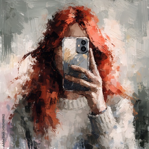 Redhead Woman in White Knit Sweater Taking Mirror Selfie Casual Portrait