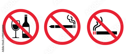 No, smoking, vaping, and alcohol vector icon set with prohibition signs, representing public safety rules and restricted behaviors, clean modern flat design for warning notices, signage, and user 