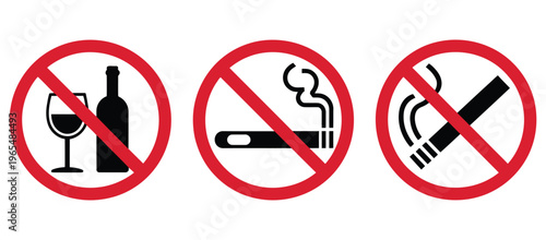 No, smoking, vaping, and alcohol sign set featuring prohibition symbols, warning notice for public places like hotels, hospitals, offices, schools, and restaurants, modern flat vector