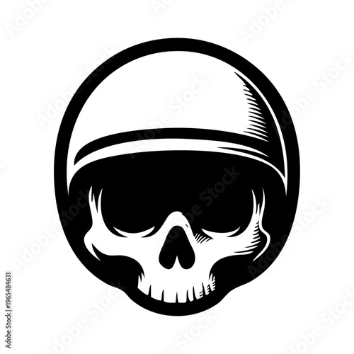 Logotipo con dibujo minimalista de una calavera humana con casco de motociclista en círculo para fiestas de Halloween