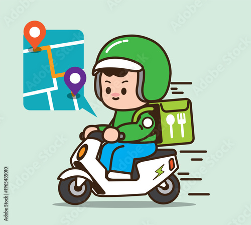 Cute SD Boy Delivery Rider Checking Navigation on Electric Scooter