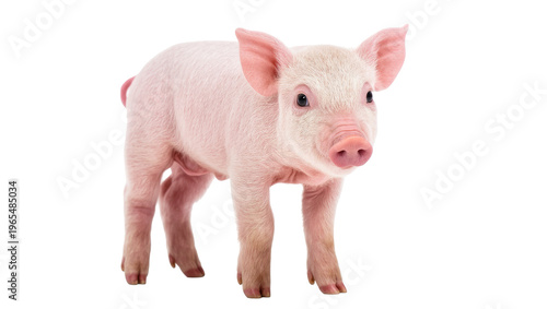 Foto Isolated charming pink piglet standing full length, looking at camera, cute anim