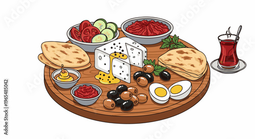Hearty breakfast platter with cheese, olives, bread, eggs, and tea