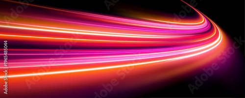 Curved neon ribbons flow along abstract dark tunnels. Glowing light particles shimmer and pulse with vibrant energy. Perfect for futuristic city or cyber-themed visuals.
