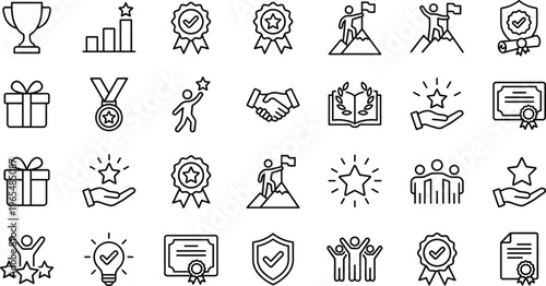 Achievement and Success Line Icon Set with Trophy Medal Certificate Leadership Goal Teamwork Reward and Business Recognition Outline Symbols
