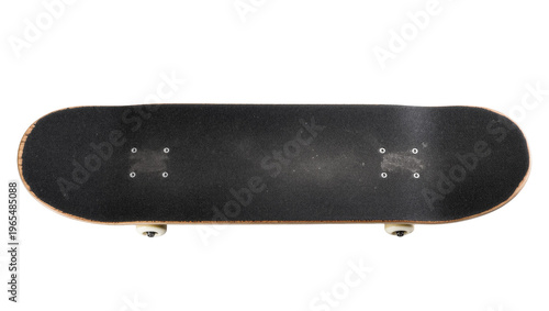 Fotografie Isolated top view of a modern wooden skateboard deck with textured black grip ta