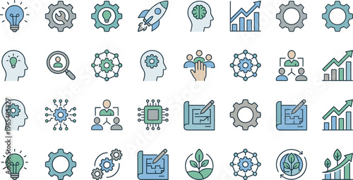 Artificial Intelligence and Machine Learning Icon Set with Automation Neural Network Data Analysis Growth Strategy and Technology Innovation Symbols