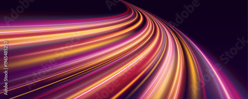 High-speed neon trails flash across abstract dark background. Light particles swirl with glowing motion energy. Ideal for cyber, tech, or sci-fi designs.
