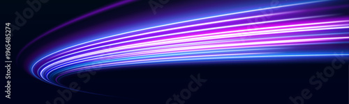 Curved neon arcs swirl elegantly in abstract motion. Light trails shimmer and pulse with energy. Ideal for sci-fi, tech, or digital backgrounds.
