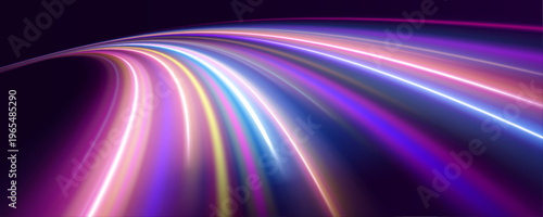 Neon blue and purple streaks pulse along dark city streets. Light particles swirl and glow with vibrant energy. Ideal for high-speed futuristic visuals.
